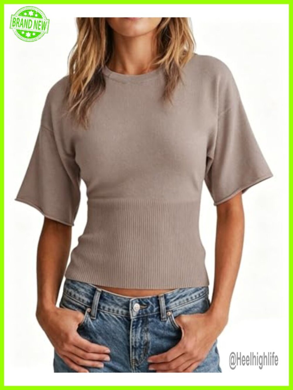 Womens Ribbed Knit Short Sleeve Crew Neck Fitted Sweater Top